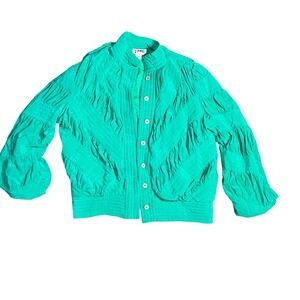 VTG 100% Silk Bomber Jacket Green Ruched Mandarin Collar‎ Button Front Women